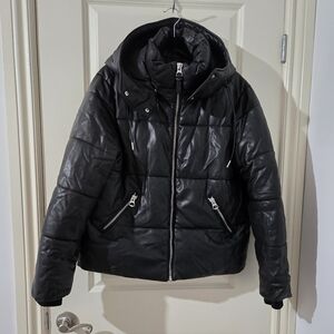 Black Faux Leather Puffer Coat